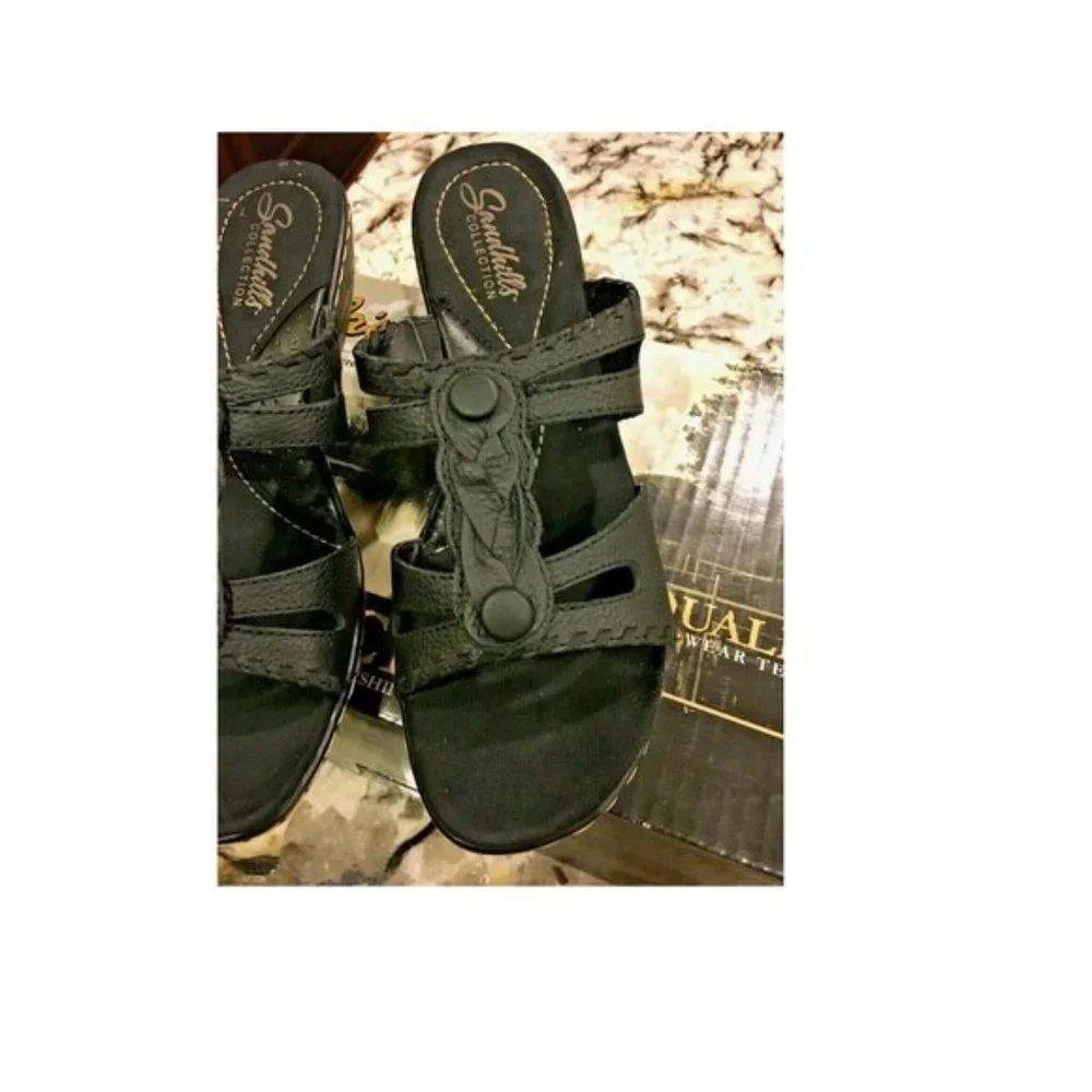 Cabela's Women's Wood Grain Wedge Slide Black 9 M NEW IN BOX